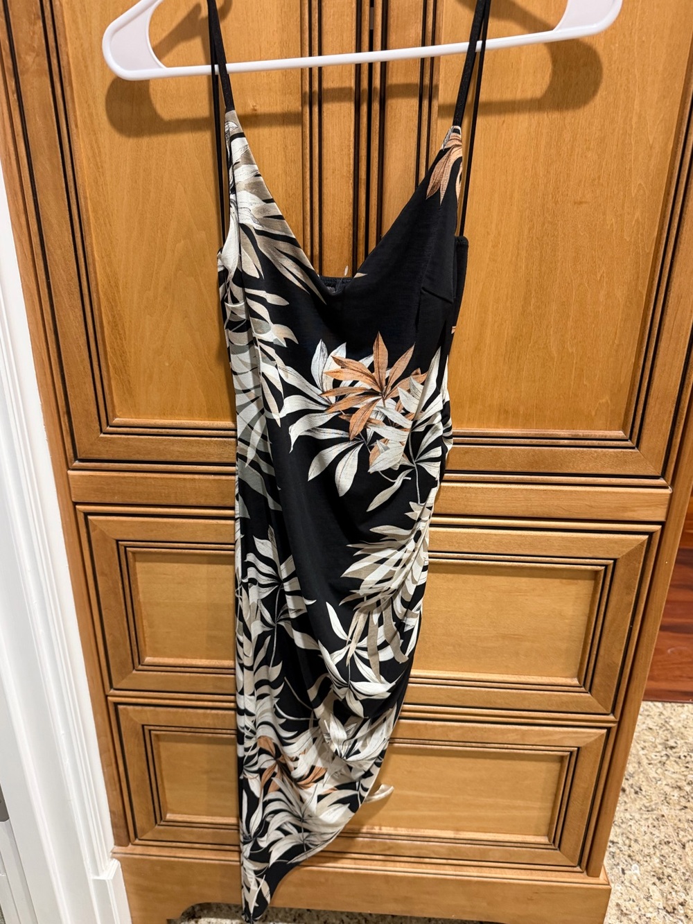 Windsor Black Midi Dress with Cream and Tan Leaf Print